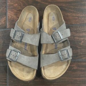 Birkenstock Arizona Soft Footbed -
Two Strap Nubuck Sandals with Metal Buckles